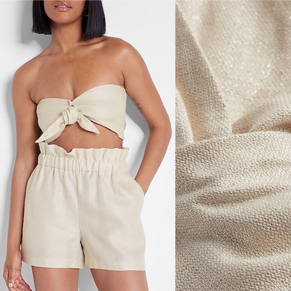 NWT Express Sparkle Linen-Blend Tie-Front Bandeau Crop Strapless Tube Top Boho